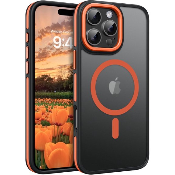 for iPhone 16 Pro Max Magnetic Case, [Compatible with MagSafe] Translucent Matte Slim Fit Anti-Slip Shockproof Women Men Protective Cover Case for iPhone 16 Pro Max 6.9",Orange/Black