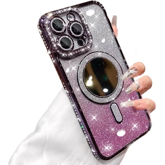 for iPhone 16 Pro Max Magnetic Case, [Compatible with Magsafe] Shockproof Glitter Makeup Mirror Diamond Camera Protector Sparkly Bling Girly Woman Cute Cover for iPhone 16 Pro Max (Purple)