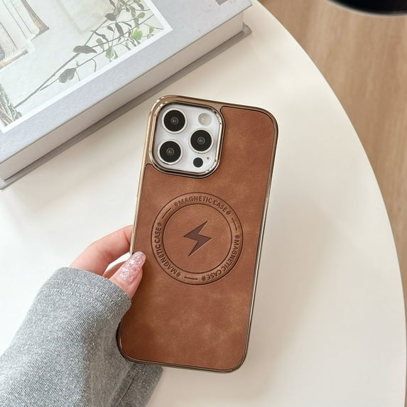 for iPhone 16 Pro Max Magnetic Case with PU Leather Back & Plated Frame, Compatible with MagSafe, Fashion Ultra Slim Lightweight Drop Protective Phone Case Cover for Men and Women, Brown