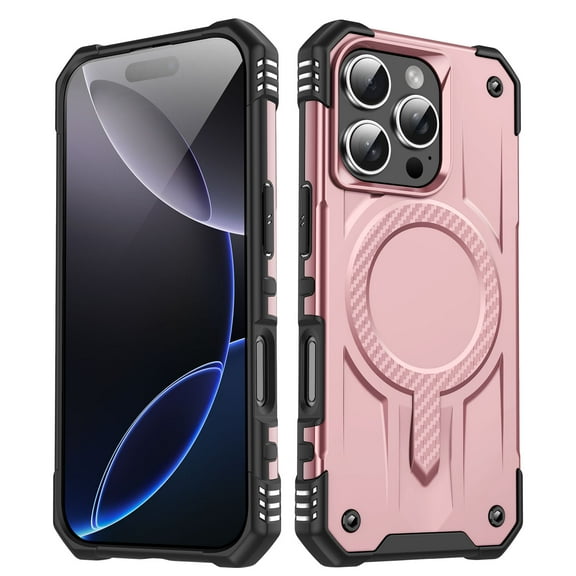 for iPhone 16 Pro Max Magnetic Case [Support Wireless Charging & Car Mount], Heavy Duty Rugged Shockproof Military Grade Protection Tough Durable Cover for iPhone 16 Pro Max, Rosegold