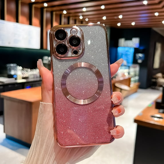 for iPhone 16 Pro Max Magnetic Glitter Case Compatible with Mag Safe,Camera Lens Protector Full Protection Elegant Plating Sparkle Anti-Scratch Dust-Proof Bling Cover for iPhone 16 Pro Max,Rosegold