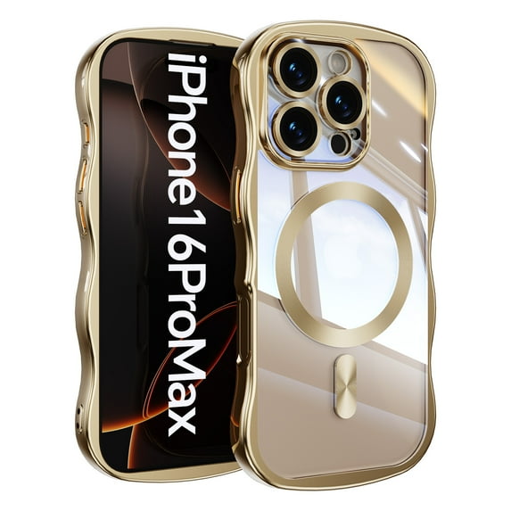 For iPhone 16 Pro Max Magnetic Phone Case,Cute Wavy Electroplated Bumper,Compatible with Mag-Safe,Ultra Slim Shockproof Drop Protection,Anti-Scratch Rugged Thin Fit Phone Case Cover,Gold