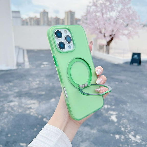 For iPhone 16 Pro Max Magnteic Phone Case,With Contractile Ring Kickstand,Frosted Matte Skin-feel      Back Design,Ultra Slim Shockproof Protection Translucent Thin Fit Rugged Phone Case,Green