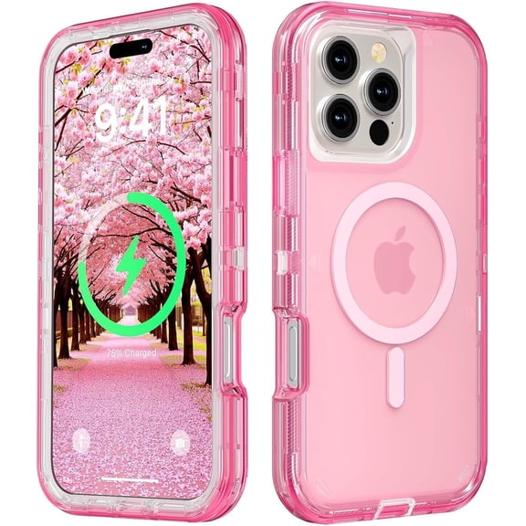 For iPhone 16 Pro Max Magsafe Case, Transparent Phone Case Compatible with MagSafe, Triple Layer Magnetic Charging Case, Heavy Duty Shockproof and Drop-Proof Phone Case, Crystal Pink
