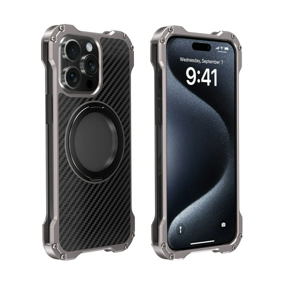 for iPhone 16 Pro Max Metal Case with Rotatable Ring Holder Stand [Magnetic Compatible with Mag-Safe] [Military-Grade Protection] Carbon Fiber Texture Rugged Phone Case for iPhone 16 Pro Max, Gray