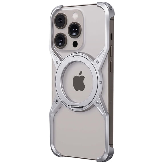 For iPhone 16 Pro Max Metal Phone Case,360° Rotatable Magnetic Ring Kickstand,Slim Metal Frameless Borderless Cover,Shockproof Anti-fall Drop Protection,Heat Dissipation Durable Case,Silver