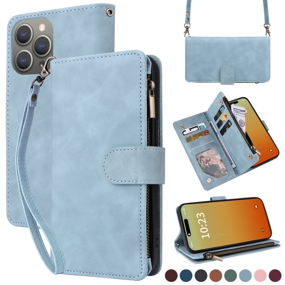 for iPhone 16 Pro Max Multifunctional Case Wallet with Card Slots, Premium Soft PU Leather Zipper Folio Flip with Crossbody Strap Kickstand Zipper Phone Cover for iPhone 16 Pro Max, Lightblue