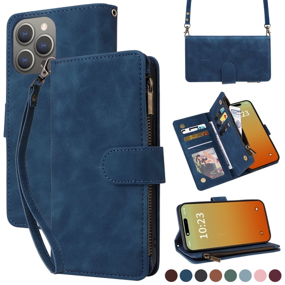 for iPhone 16 Pro Max Multifunctional Case Wallet with Card Slots, Premium Soft PU Leather Zipper Folio Flip with Crossbody Strap Kickstand Zipper Phone Cover for iPhone 16 Pro Max, Blue