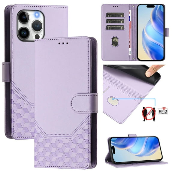 For iPhone 16 Pro Max PU Leather Flip Phone Case,With Shoulder Strap&Wrist Strap,Card Holder,Flip Folding Kickstand,Diamond Pattern Embossed,Shockproof RFID Blocking Wallet Case,Purple