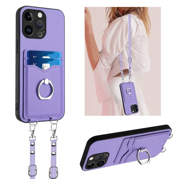 for iPhone 16 Pro Max PU Leather Phone Case Cover, Classic Shoulder Strap Card Slots Shockproof Protective Ring Bracket Anti-scratch Ultra Slim Back Case for iPhone 16 Pro Max - Purple