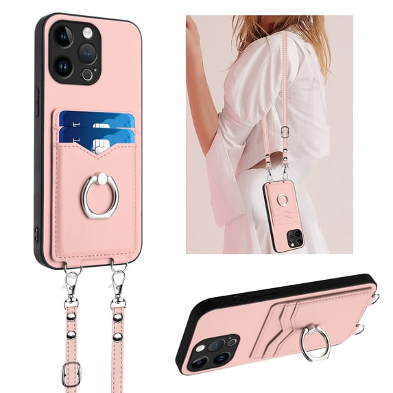 for iPhone 16 Pro Max PU Leather Phone Case Cover, Classic Shoulder Strap Card Slots Shockproof Protective Ring Bracket Anti-scratch Ultra Slim Back Case for iPhone 16 Pro Max - Rosegold