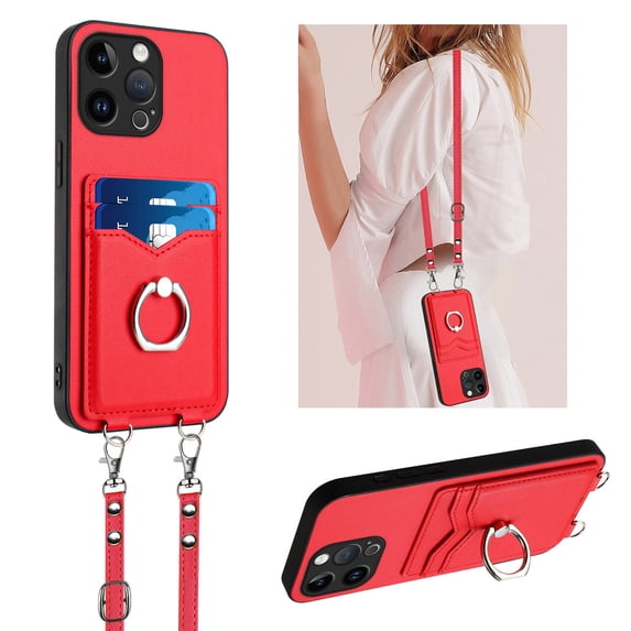 for iPhone 16 Pro Max PU Leather Phone Case Cover, Classic Shoulder Strap Card Slots Shockproof Protective Ring Bracket Anti-scratch Ultra Slim Back Case for iPhone 16 Pro Max - Red