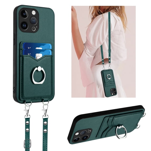 for iPhone 16 Pro Max PU Leather Phone Case Cover, Classic Shoulder Strap Card Slots Shockproof Protective Ring Bracket Anti-scratch Ultra Slim Back Case for iPhone 16 Pro Max - Green