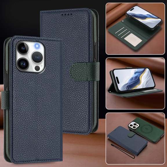 For iPhone 16 Pro Max Phone Case,2-in-1 Magnetic Detachable PU Leather Flip Cover,Support Mag-Safe,With Card Slots,Strap,Flip Foldable Kickstand,Shockproof Non-Slip Two-Color Phone Case,Blue