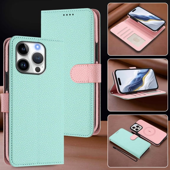 For iPhone 16 Pro Max Phone Case,2-in-1 Magnetic Detachable PU Leather Flip Cover,Support Mag-Safe,With Card Slots,Strap,Flip Foldable Kickstand,Shockproof Non-Slip Two-Color Phone Case,Mint