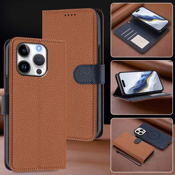 For iPhone 16 Pro Max Phone Case,2-in-1 Magnetic Detachable PU Leather Flip Cover,Support Mag-Safe,With Card Slots,Strap,Flip Foldable Kickstand,Shockproof Non-Slip Two-Color Phone Case,Brown