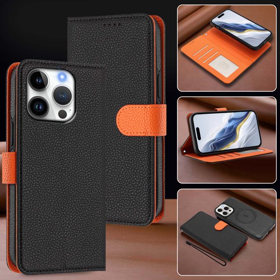 For iPhone 16 Pro Max Phone Case,2-in-1 Magnetic Detachable PU Leather Flip Cover,Support Mag-Safe,With Card Slots,Strap,Flip Foldable Kickstand,Shockproof Non-Slip Two-Color Phone Case,Black
