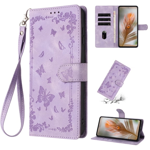 For iPhone 16 Pro Max Phone Case,Anti-scratch PU Leather Flip Cover,With Card Slots,Strap,Flip Foldable Kickstand,Butterfly and Flower Embossing Design,Shockproof Non-Slip Wallet Case,Purple