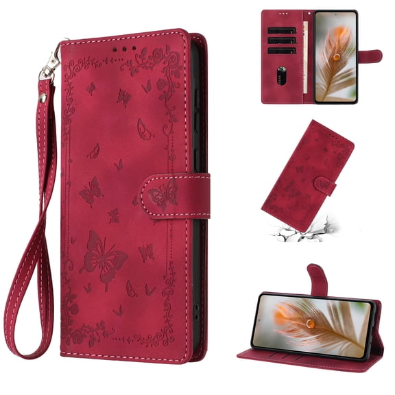 For iPhone 16 Pro Max Phone Case,Anti-scratch PU Leather Flip Cover,With Card Slots,Strap,Flip Foldable Kickstand,Butterfly and Flower Embossing Design,Shockproof Non-Slip Wallet Case,Winered