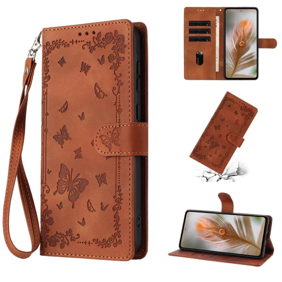 For iPhone 16 Pro Max Phone Case,Anti-scratch PU Leather Flip Cover,With Card Slots,Strap,Flip Foldable Kickstand,Butterfly and Flower Embossing Design,Shockproof Non-Slip Wallet Case,Brown