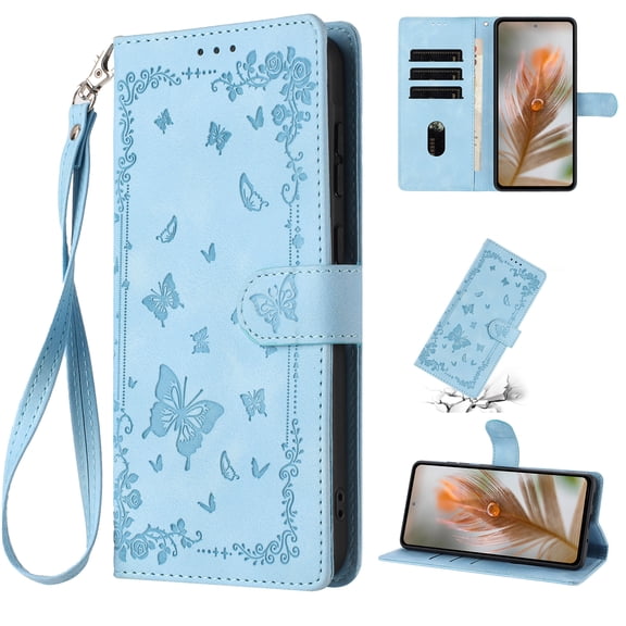 For iPhone 16 Pro Max Phone Case,Anti-scratch PU Leather Flip Cover,With Card Slots,Strap,Flip Foldable Kickstand,Butterfly and Flower Embossing Design,Shockproof Non-Slip Wallet Case,Lightblue