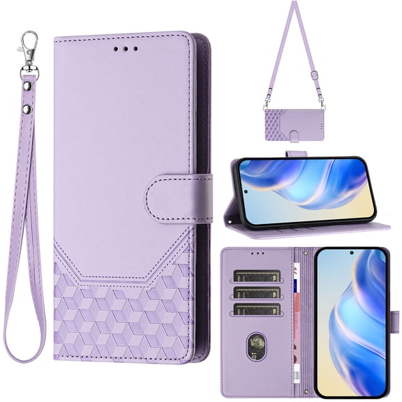 For iPhone 16 Pro Max Phone Case,Beehive Embossment Design,Anti-Scratch PU Leather Flip Foldable Kickstand,With Card Slots,Strap,Shoulder Strap,Shockproof Non-Slip Wallet Phone Case,Purple