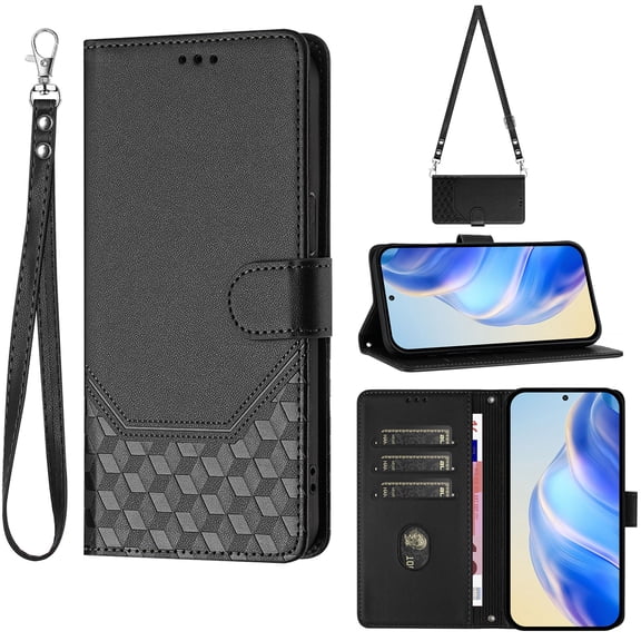 For iPhone 16 Pro Max Phone Case,Beehive Embossment Design,Anti-Scratch PU Leather Flip Foldable Kickstand,With Card Slots,Strap,Shoulder Strap,Shockproof Non-Slip Wallet Phone Case,Black