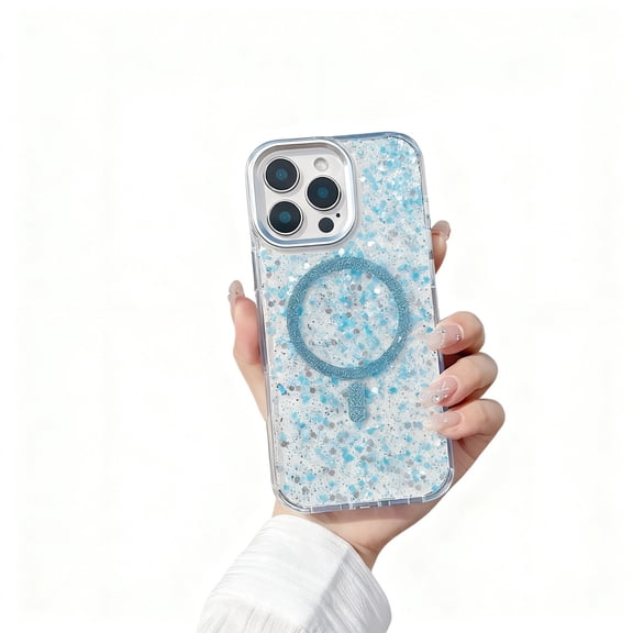 For iPhone 16 Pro Max Phone Case,Compatible with Wireless Charging,Bling Glitter Sequins Back Design,Dazzling Cute Cover,Shockproof Ultra Slim Anti-fall Drop Protection,Rugged Phone Case,Blue