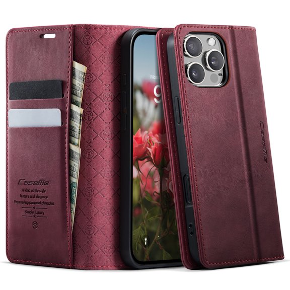 For iPhone 16 Pro Max Phone Case,Flip Folio Magnetic Closure Cover,With Card Slots,Flip Foldable Kickstand,Anti-Scratch PU Leather Cover,Ultra Slim Shockproof Non-Slip Phone Case,Red