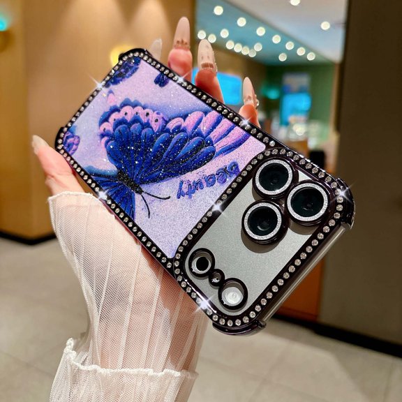 For iPhone 16 Pro Max Phone Case,Luxury Diamond Back Frame Design,Bling Glitter Butterfly Pattern Back,Built-in Camera Lens Protector,Shockproof Non-Slip Protection,Durable Phone Case,Purple