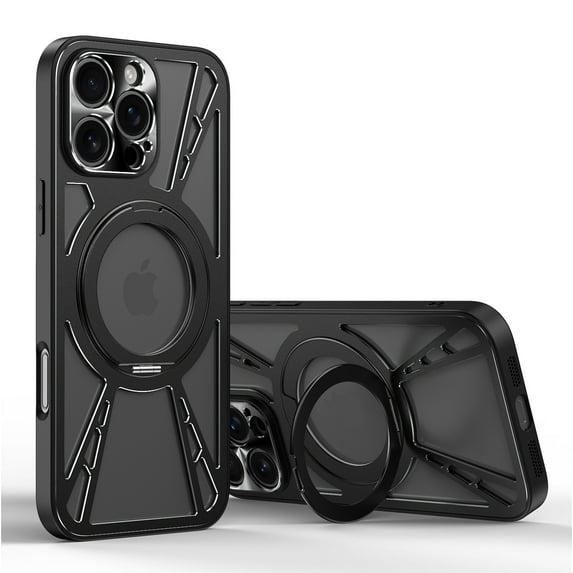 for iPhone 16 Pro Max Phone Case with Ring Stand,360° Rotatable Magnetic Kickstand,Minimalist Aluminum Metal Frameless Heat Dissipation Shockproof Protective Bumper Cover,Black