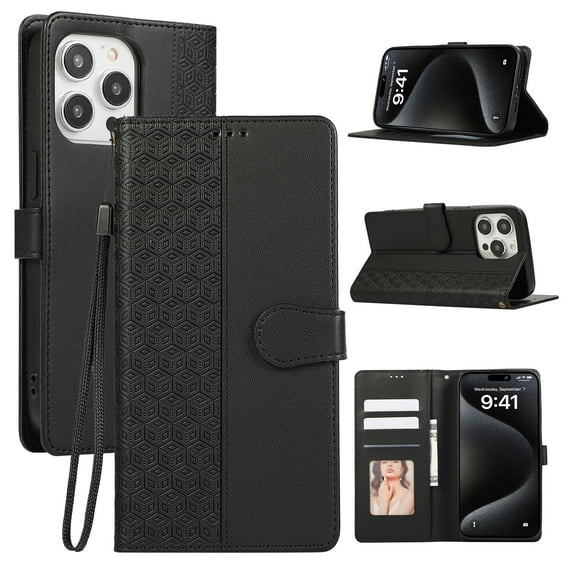 for iPhone 16 Pro Max Phone Case Wallet Card Holder, PU Leather Kickstand Flip Cases Wrist Strap Magnetic Closure Shockproof Embossed Protective Book Cover for iPhone 16 Pro Max, Black