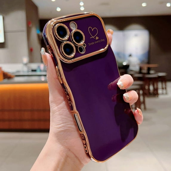 For iPhone 16 Pro Max Phone Case,Wavy Frame Designing,Love Heart Pattern,Luxury Plating Shockproof Anti-fall Soft TPU Ultra Slim Thin Fit Cute Electroplated Phone Case Cover,Darkpurple