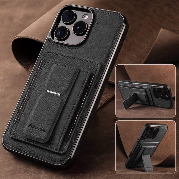 For iPhone 16 Pro Max Phone Case,With Card Holder,Foldable Invisible Kickstand,Heavy Duty PC + TPU Hybrid Shockproof Drop protection,Anti-Scratch Non-Slip Durable Rugged Phone Case,Black