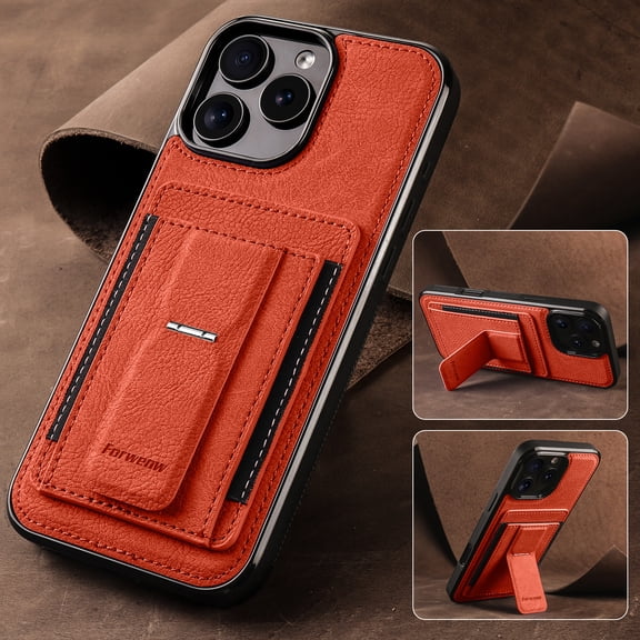 For iPhone 16 Pro Max Phone Case,With Card Holder,Foldable Invisible Kickstand,Heavy Duty PC + TPU Hybrid Shockproof Drop protection,Anti-Scratch Non-Slip Durable Rugged Phone Case,Orange