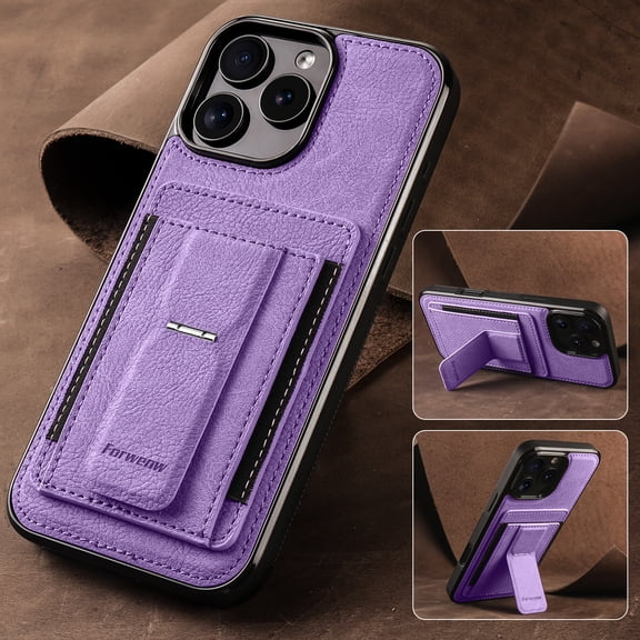 For iPhone 16 Pro Max Phone Case,With Card Holder,Foldable Invisible Kickstand,Heavy Duty PC + TPU Hybrid Shockproof Drop protection,Anti-Scratch Non-Slip Durable Rugged Phone Case,Purple