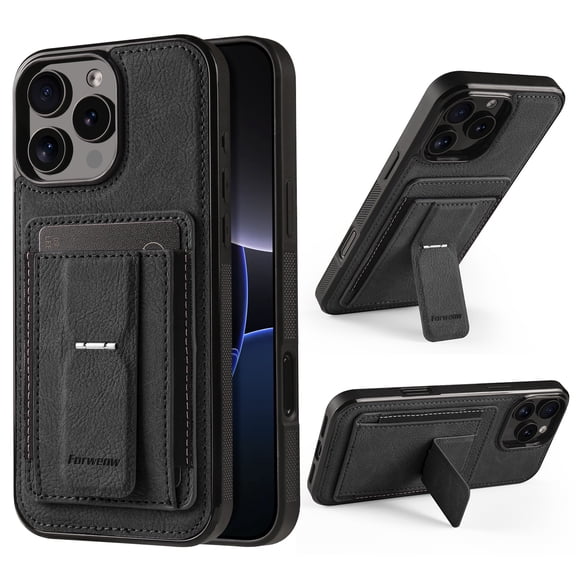 For iPhone 16 Pro Max Phone Case,With Card Slots,Invisible Foldable Kickstand,Anti-Scratch Shockproof Anti-fall Drop Protection,Non-Slip Heavy Duty Rugged Durable Phone Case Cover,Black