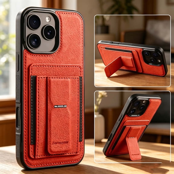 For iPhone 16 Pro Max Phone Case,With Credit Card Slots,Invisible Foldable Kickstand,Anti-Scratch Shockproof Heavy Duty Drop Protection,Durable Anti-fall Non-slip Rugged Phone Case,Orange