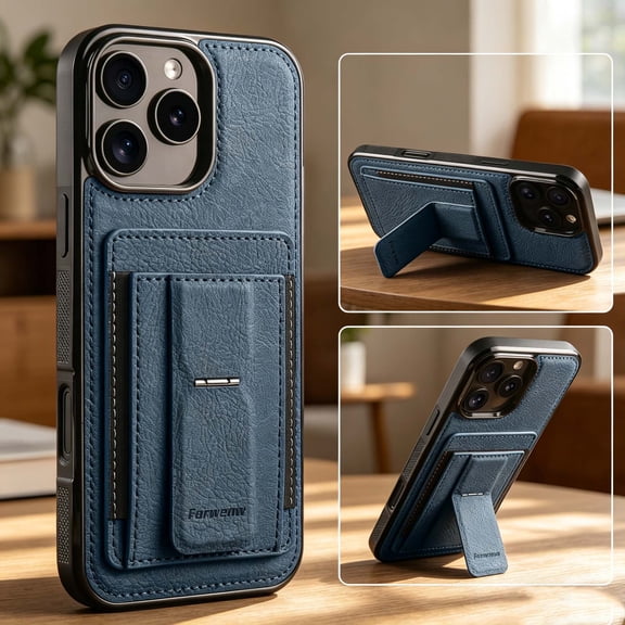 For iPhone 16 Pro Max Phone Case,With Credit Card Slots,Invisible Foldable Kickstand,Anti-Scratch Shockproof Heavy Duty Drop Protection,Durable Anti-fall Non-slip Rugged Phone Case,Blue