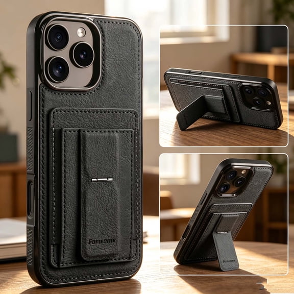 For iPhone 16 Pro Max Phone Case,With Credit Card Slots,Invisible Foldable Kickstand,Anti-Scratch Shockproof Heavy Duty Drop Protection,Durable Anti-fall Non-slip Rugged Phone Case,Black