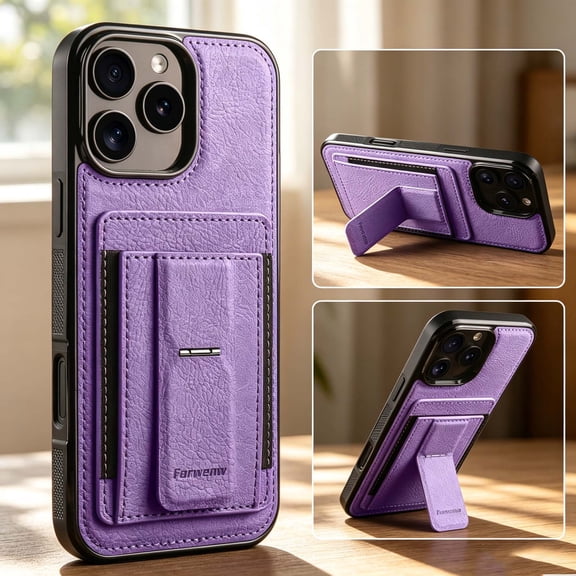 For iPhone 16 Pro Max Phone Case,With Credit Card Slots,Invisible Foldable Kickstand,Anti-Scratch Shockproof Heavy Duty Drop Protection,Durable Anti-fall Non-slip Rugged Phone Case,Purple