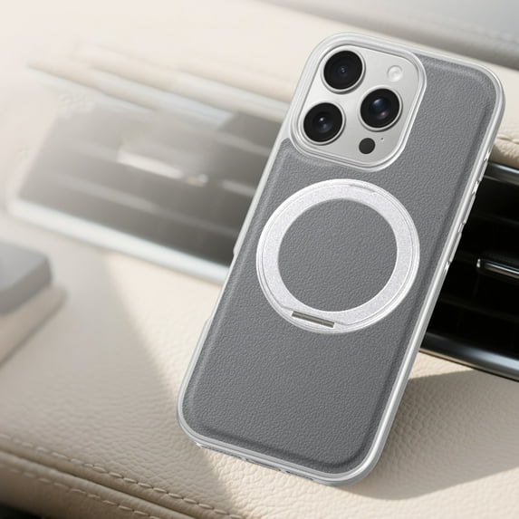 for iPhone 16 Pro Max Ring Stand Case, Protective Slim with Kickstand Shockproof Phone Case, Invisible Stand Lychee Texture Plain PU Leather Phone Cover Compatible for iPhone 16 Pro Max, Gray