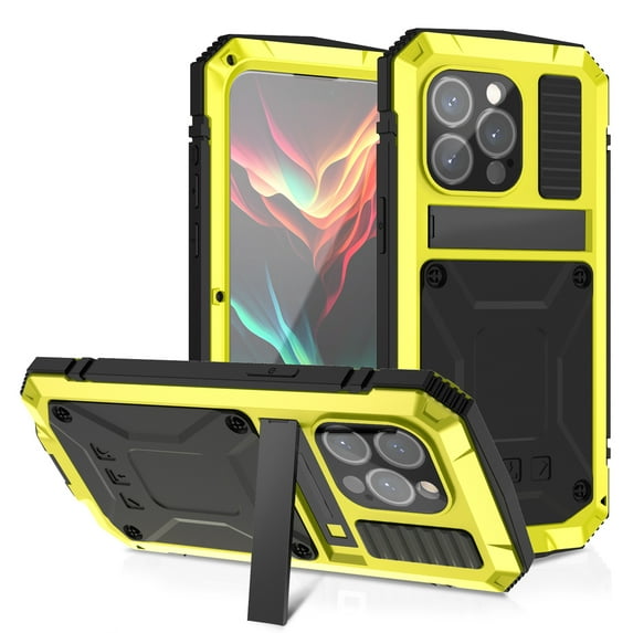 iPhone 16 Pro Max Rugged Full-Body Case, Metal Bumper Built-in Screen Protector&Kickstand,Dustproof and Drop-Proof,Full Body Protection Heavy Duty Rugged Military Cover For iPhone 16 Pro Max, Yellow