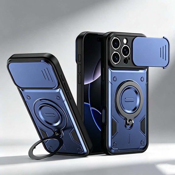 For iPhone 16 Pro Max Rugged Phone Case,360°Rotatable Ring Kickstand,Heavy Duty Shockproof Drop Protection,With Sliding Camera Cover,Non-Slip Anti-Scratch Durable Phone Case Cover,Dark Blue