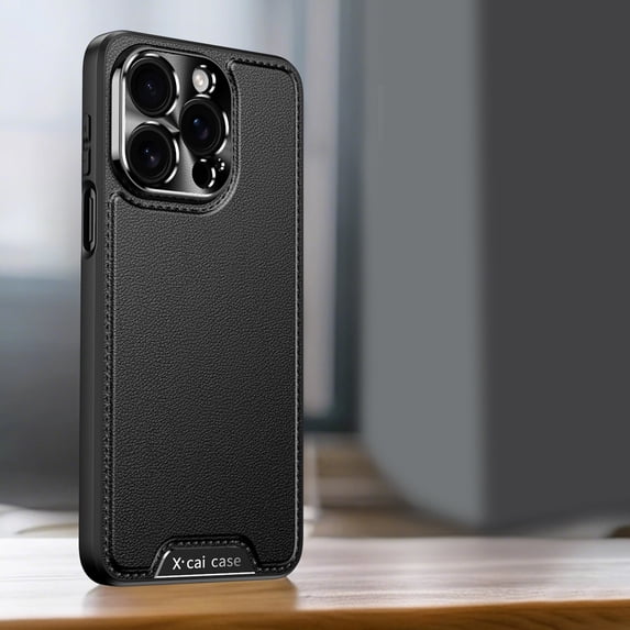 For iPhone 16 Pro Max Rugged Phone Case,PU Leather With Edge Stitch Design Ultra Slim Luxury Business Non-Slip Grip Rugged Shockproof Anti-fall Protective Thin Fit Phone Case Cover,Black