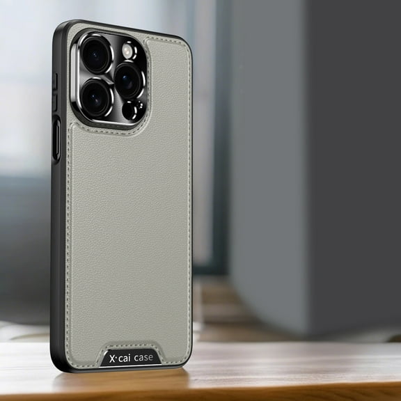 For iPhone 16 Pro Max Rugged Phone Case,PU Leather With Edge Stitch Design Ultra Slim Luxury Business Non-Slip Grip Rugged Shockproof Anti-fall Protective Thin Fit Phone Case Cover,Gray