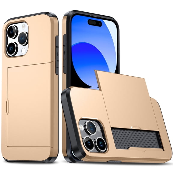for iPhone 16 Pro Max Slide Flip Case with Card Holder, Dual Layer Heavy Duty Protective Case Hidden Card Slot Slim Shockproof Wallet Case Compatible with iPhone 16 Pro Max, Gold