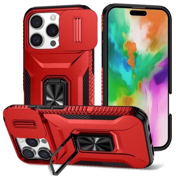 For iPhone 16 Pro Max Slim Fit Shockproof Hybrid with Slide Camera Cover & Rotated Ring Kickstand, [Military-Grade] Phone Case For iPhone 16 Pro Max 6.9",Red,For iPhone 16 Pro Max