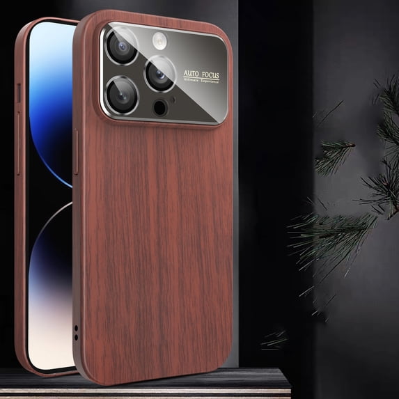 for iPhone 16 Pro Max Soft TPU Wooden Case, Compatible with iPhone 16 Pro Max Shockproof Protective Phone Cover Unique Classy Ultra Slim Wooden Texture Big Window Auto Focus Case, Red