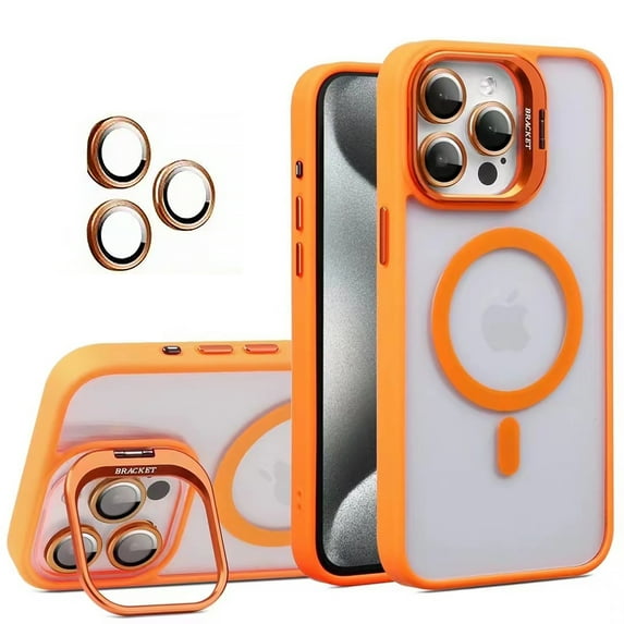 for iPhone 16 Pro Max Transparent Case with Camera Lens Protector, Compatible with MagSafe, Built-in Camera Stash Stand, Magnetic Hard Back Soft Edge Anti-Fingerprint Flexible Cover, Orange